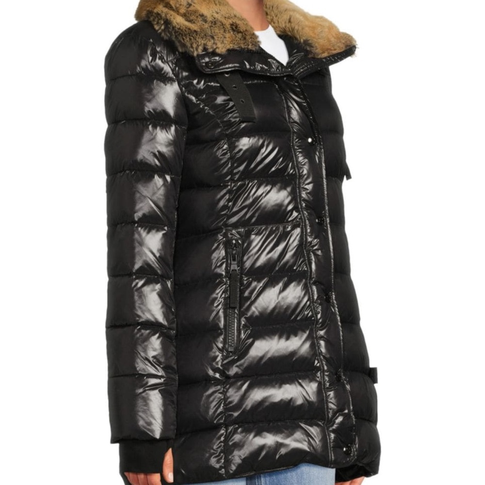 NWOT S13 Chelsea Women's Black Shiny Puffer Jacket with Faux Fur Trim - Picture 4 of 16